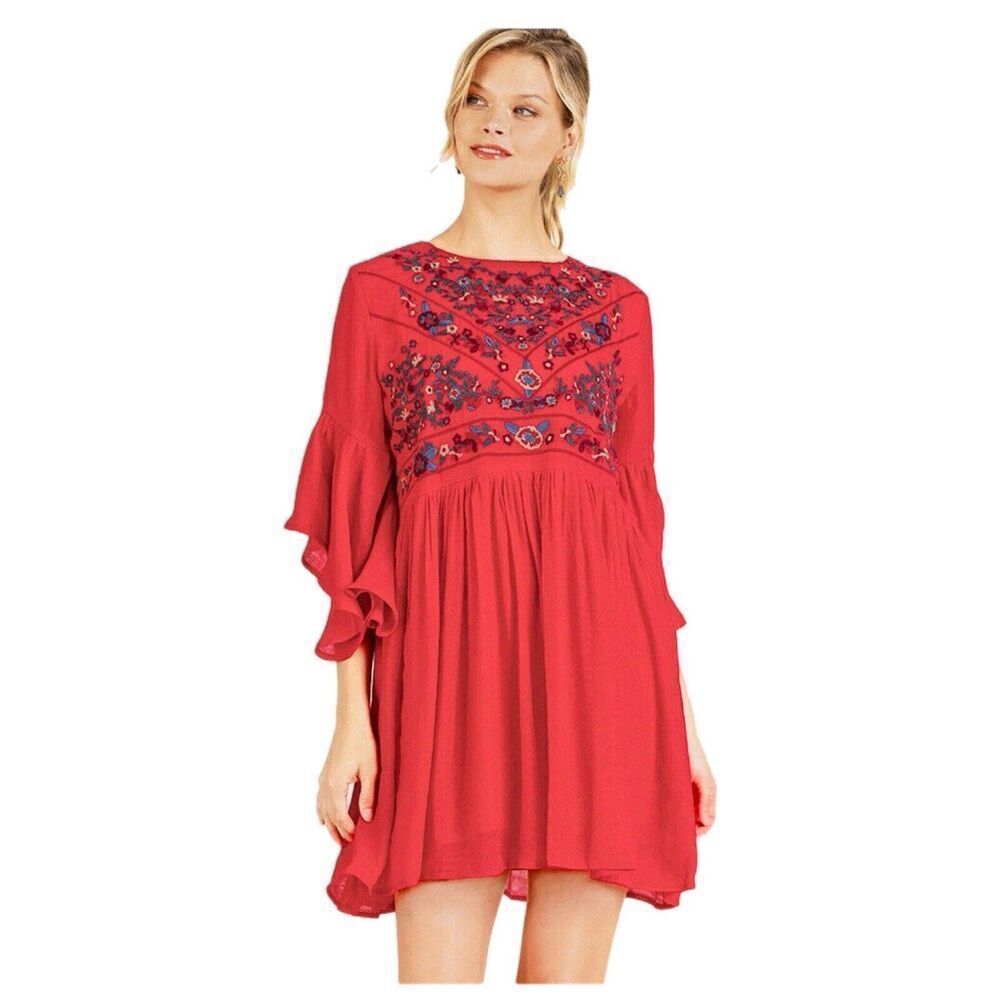 Umgee Boho Bliss Dress Size Small Embroidered Red Bell Sleeve Lined NEW